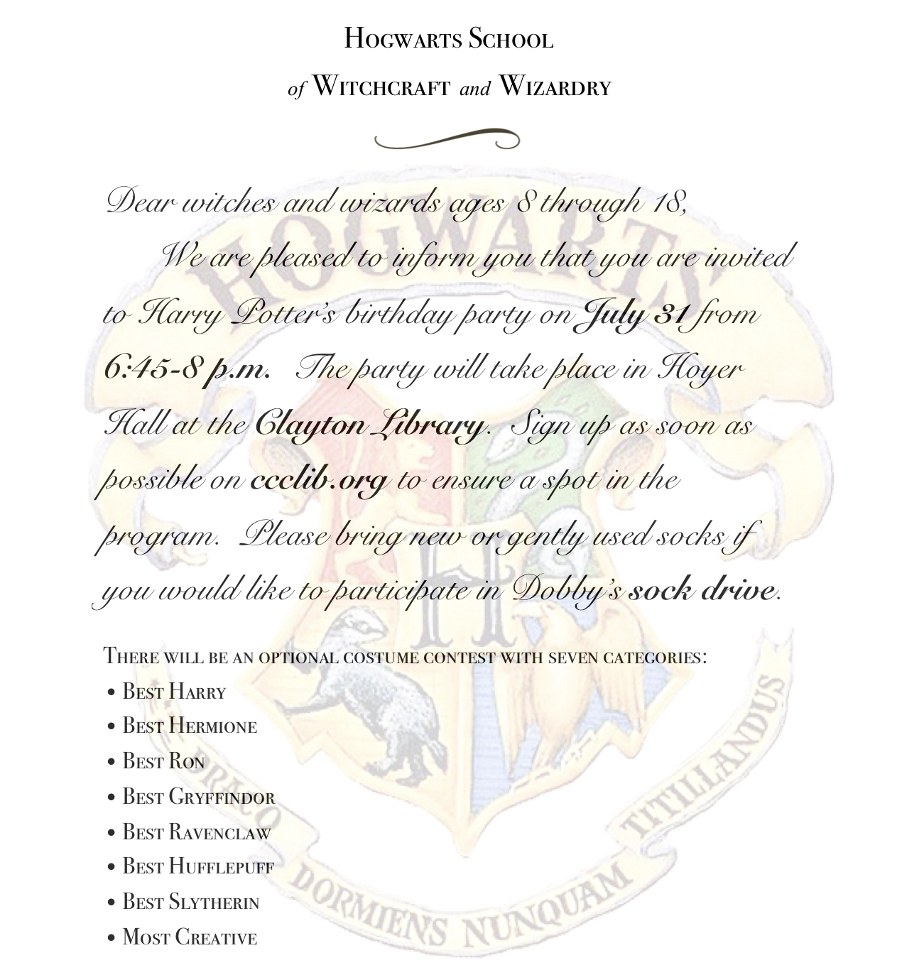 Harry Potter's Birthday Party flyer
